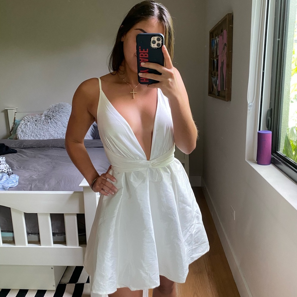 white low cut mini dress